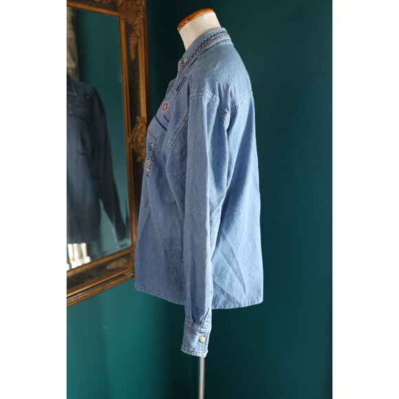 Vintage 90s Upper West Side Embroidered Aztec Western Demin Button Down - Picture 6 of 11